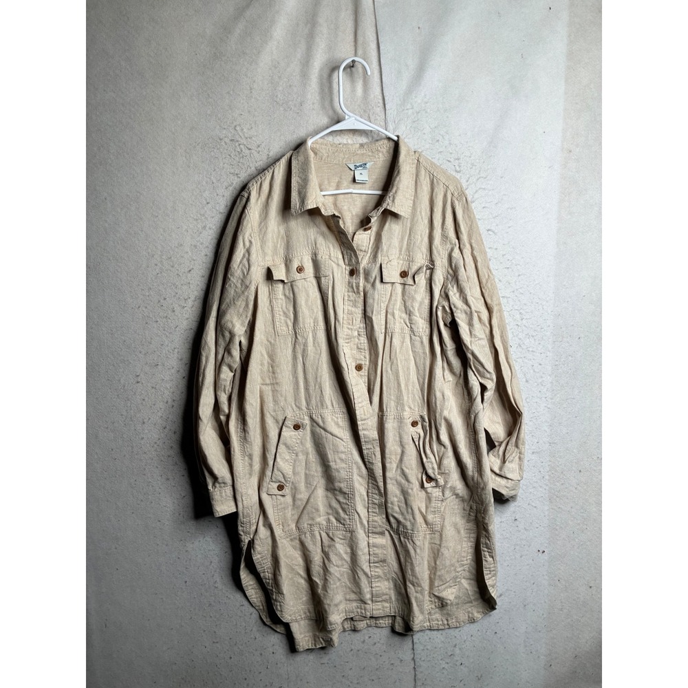 Duluth Trading Co Hemp Organic Cotton Button Front Shirt Dress XL Beige 9419